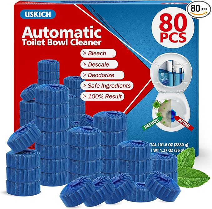 USKICH Toilet Bowl Cleaner Tablets 80 PACK, Bathroom Automatic Toilet Tank Blue Cleaners with Bleach, Slow-Releasing Household Toilet Cleaners for Deodorizing, Descaling, against Tough Stains-Ruum Studio Home