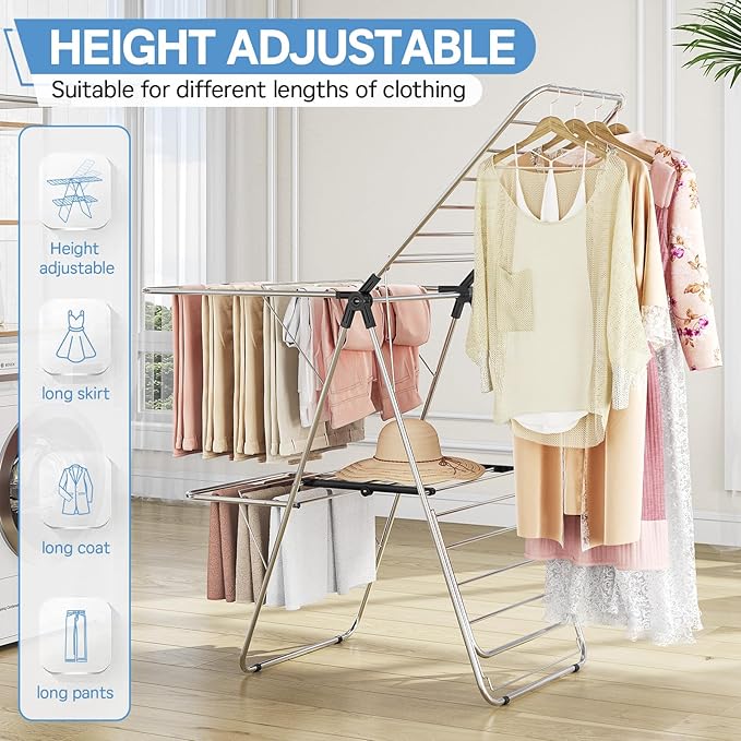 APEXCHASER Clothes Drying Rack with 4 Wings, Drying Rack Clothing with Height-Adjustable, Foldable Gullwings Laundry Drying Rack, Indoor Outdoor Use, No Assembly, Black-Ruum Studio Home