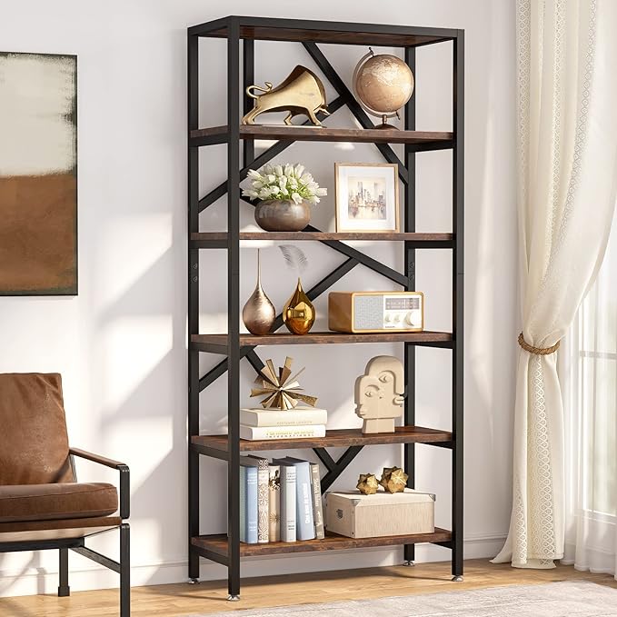 Tribesigns 71 Inch Industrial Bookshelf, 6 Shelf Etagere Bookcase, Free Standing Open Book Shelves Storage Display Shelf, Wood Shelving Units Organizer Rack for Bedroom Home Office Living Room-Ruum Studio Home
