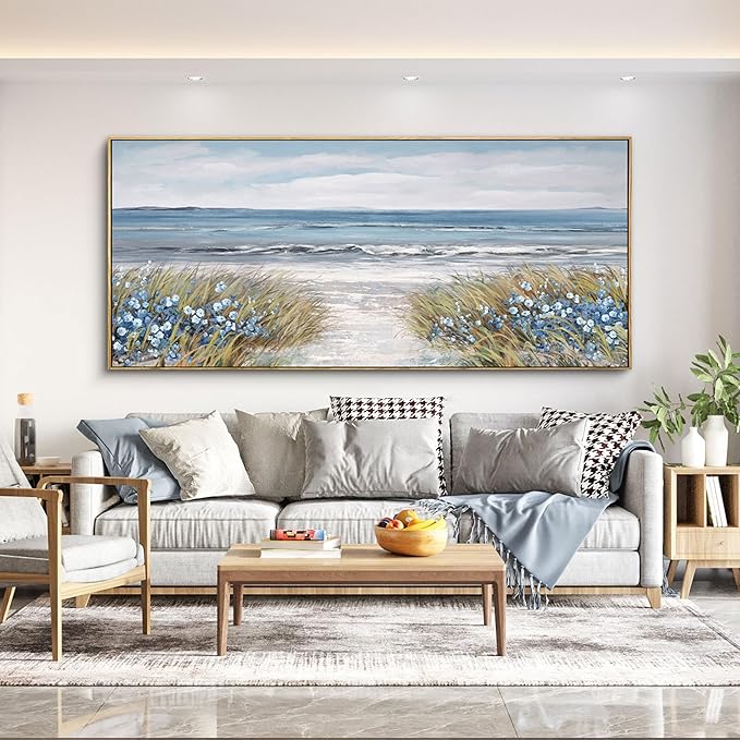 XLSJERST Extra Large Framed Wall Art for Living Room Decor - Farmhouse Boho Beach Coastal Vintage Floral Ocean Wall Picture Flowers Sea Canvas Print Artwork for Home Bedroom Office-Ruum Studio Home