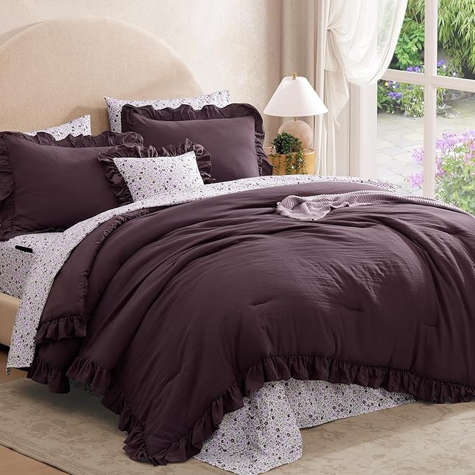 Full Comforter Set - 7 Pieces Ruffle Purple Bedding Sets, Shabby Chic Farmhouse Bed in a Bag Full with Ruffle Comforter, Floral Sheets, Pillowcases & Shams-Ruum Studio Home