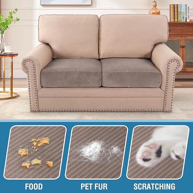 H.VERSAILTEX Velvet Stretch Couch Cushion Cover Plush Cushion Slipcover for Chair Loveseat Sofa Cushion Furniture Protector Seat Cushion Sofa Cover (2 Piece Medium Sofa Cushion Covers, Taupe Striped)-Ruum Studio Home