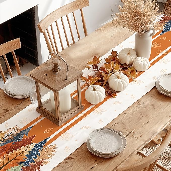 GEEORY Fall Watercolor Trees & Maple Leaves Striped Table Runner 13x90 Inch, Rustic Farmhouse Autumn Thanksgiving Decor for Kitchen, Dining, Indoor/Outdoor Holiday Dinner Party Orange GT157-90-Ruum Studio Home