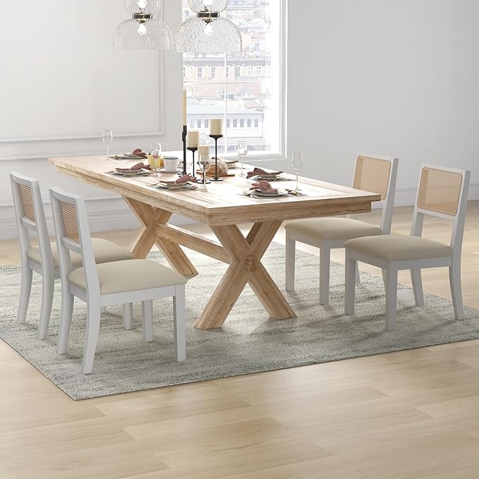 Westice Rattan Dining Chairs Set of 6, Farmhouse Natural Dining Room Chairs with Upholstered Cushion, Wood Armless Chairs for Kitchen/Restaurant, White-Ruum Studio Home