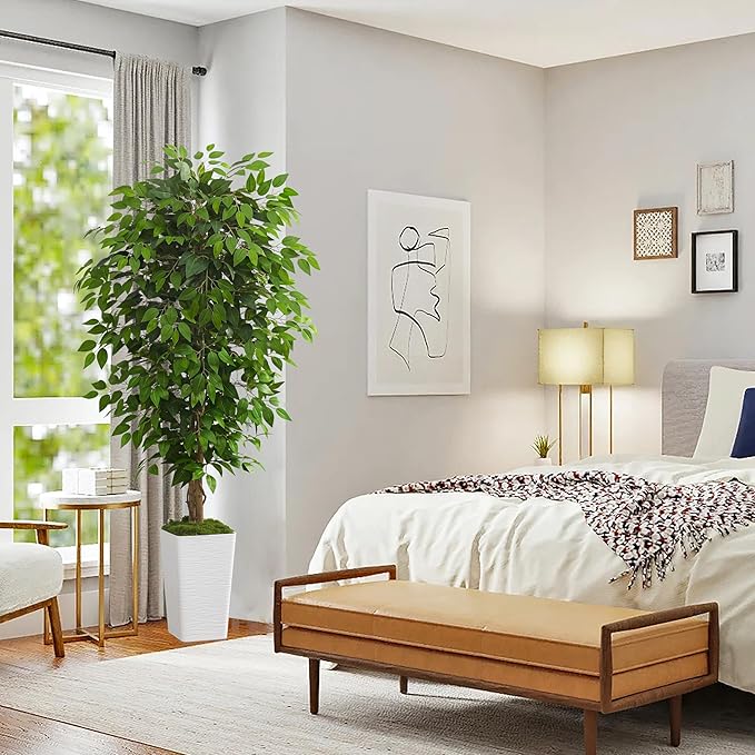Artificial Ficus Tree 6FT Faux Floor Tree with Planter UV Resistant Potted Fake Silk Plant, Real Wood Trunk-Indoor Outdoor Lifelike Fake Ficus Tree for Home, Living Room Bedroom Topiary Tree-Ruum Studio Home