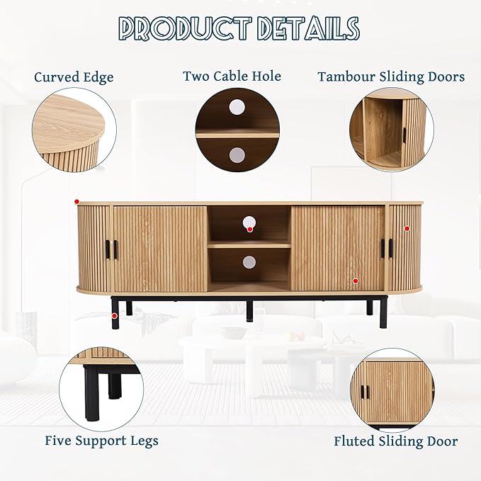62" Tambour Door TV Stand,Wood Mid Century Modern TV Cabinet for Up to 75“ TV,Curved Edge Long TV Stand with Storage for Bedroom Living Room (Natural, 62.2inch)-Ruum Studio Home