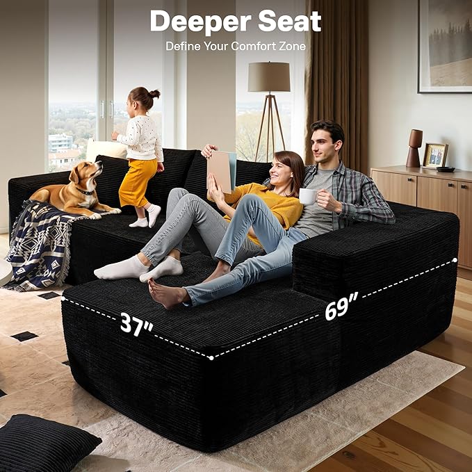 104" Cloud Sectional Couches for Living Room,L Shaped Boneless Couch in A Box,Sleeper Sofa with Comfy Chaise No Assembly Required,Black-Ruum Studio Home