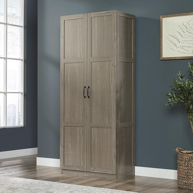 Sauder Select Storage Cabinet, Pantry Cabinet Kitchen Storage with Adjustable Shelves, Bathroom Storage Cabinet, in Silver Sycamore-Ruum Studio Home