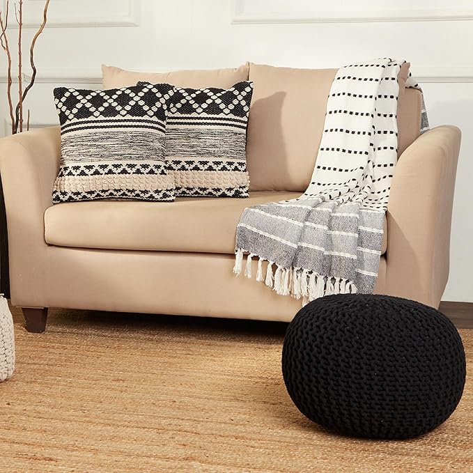REDEARTH Round Pouf Foot Stool Ottoman - Hand Knitted Bean Bag - Cord Boho Pouffe - Cable Poof Footrest for Living Room - Nursery - Bedroom - Patio - 100% Cotton - Home Decor (19.5"x19.5"x14") - Black-Ruum Studio Home