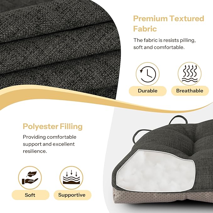 Non Slip Chair Cushions for Dining Chairs Set of 4 Kitchen Chair Cushions 18"x18"x3" Turfted Chair Pads Comfortable and Soft Seat Cushion with Ties, Dark Grey-Ruum Studio Home