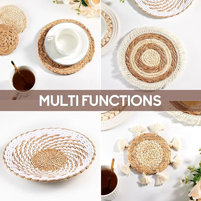 7 Pack Boho Wall Basket Decor - Seagrass Rattan Wicker Wall Decor Round Handmade Hanging Rustic Flat Elegant Wall Art for Farmhouse Living Rooms Bedrooms Display Table Settings Kitchen Home-Ruum Studio Home