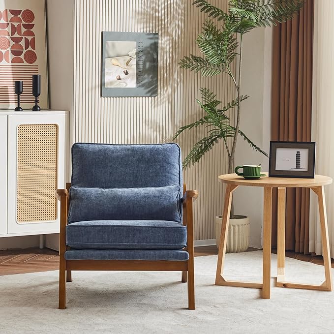 Karl home Accent Chair Wide Armrest Mid-Century Lounge Chair Chenille Armchair with Lumbar Pillow & Solid Wood Frame for Living Room, Bedroom, Balcony, Dusty-Blue-Ruum Studio Home