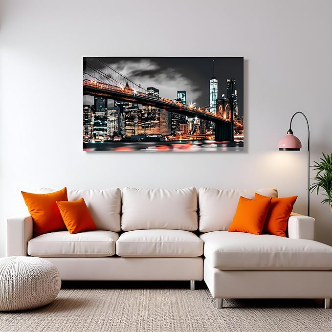 RyounoArt New York City Pictures Wall Art NYC Skyline Canvas Paintings Brooklyn Night Cityscape Prints Wall Decor Framed 20x36 Inch-Ruum Studio Home