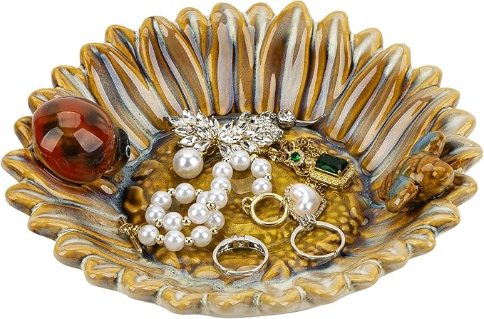 Sunflower Jewelry Dish Trinket Tray Ceramic Key Tray Bowl for Entryway Table, Sunflower Candy Dish Soap Holder Decorative Bowl for Home Decor Kitchen Sink Bathroom Counter (Bee, Ladybug)-Ruum Studio Home