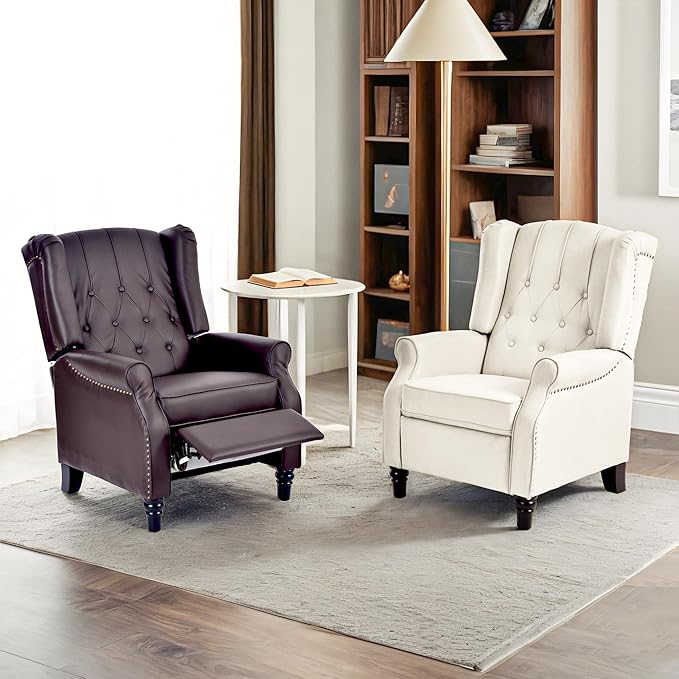 Softa Recliner Chair for Adults, Mid Century Wingback Pushback Accent Chair with Rivet Decoration, Tufted Upholstered Single Sofa Armchair for Living Room, Bedroom, Study (PU, Brown)-Ruum Studio Home