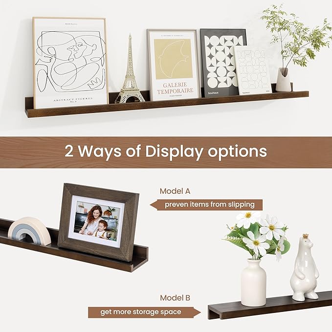 Picture Ledge Shelf, Solid Pine Wood Floating Shelves Set of 2, 36 Inches Nursery Book Shelves for Toys Storage, Kids Bookshelf Wall Mounted for Living Room Bedroom Decor Books Photo Frames, Walnut-Ruum Studio Home