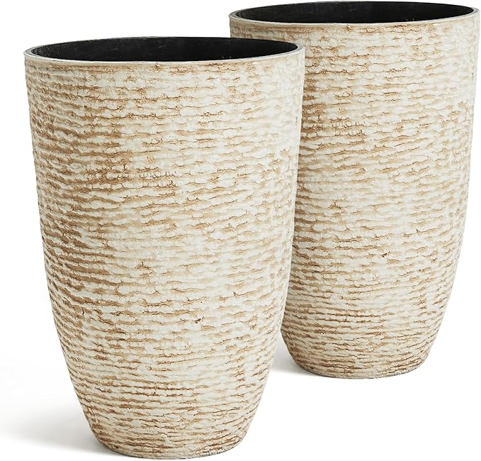 Worth 9 Gallon Tall Round Planters Set of 2-14" Dia x 21" H Stone Finish Flower Pots Indoor Decorative Container Garden Patio Unbreakable Beige-Ruum Studio Home