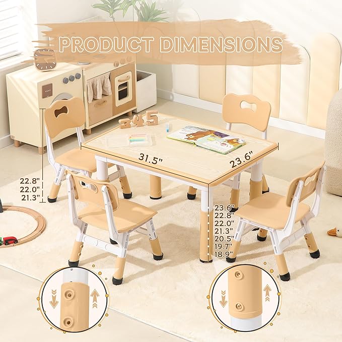 Height-Adjustable Kids Table and Chairs, 31.5''L x 23.6''W Toddler Table and 4 Chairs Set with Anti-Slip Foot Covers, Children Activity Table for Ages 2-10, Graffiti Desktop-Ruum Studio Home