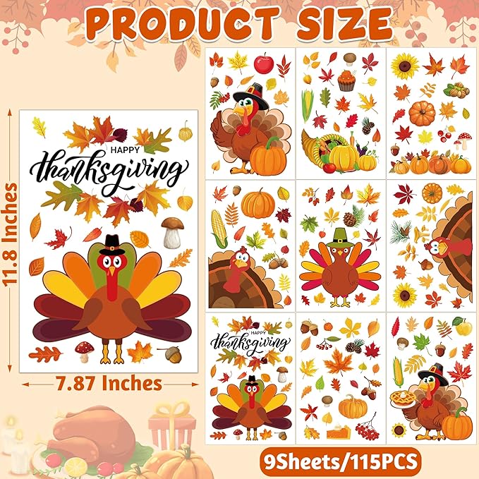 9 Sheets Thanksgiving Window Clings, 115PCS Thanksgiving Decorations Window Stickers, Turkey Decal Stickers with Cute Cones Nuts Maple Leaves Patterns for Fall Harvest Decorations Decor Accessories-Ruum Studio Home