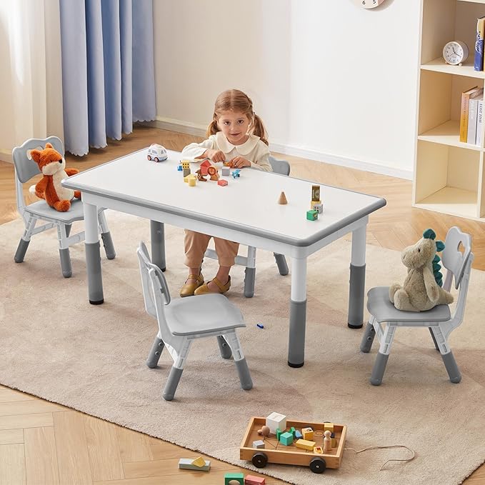 Kids Study Table and Chairs Set, Height Adjustable Toddler Table and Chair Set for Kids Ages 3-8, Graffiti Desktop (Grey)-Ruum Studio Home