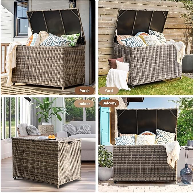 178 Gallon Outdoor Storage Box, Patio Deck Box with 2 Wheels, Handle Large Portable Wicker Rattan Deck Box for Patio Furniture Cushions, Throw Pillows, Garden Tools and Pool Floats (Gray)-Ruum Studio Home