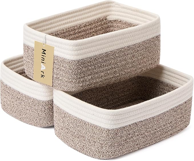 Small Storage Baskets for Organizing | Closet Organizer Bins | Shelf Toy Basket | Woven Rope Baskets | Cube Decorative Box | Shallow Basket | 11.5x7.5x4.7” | 3 Packs White Brown-Ruum Studio Home