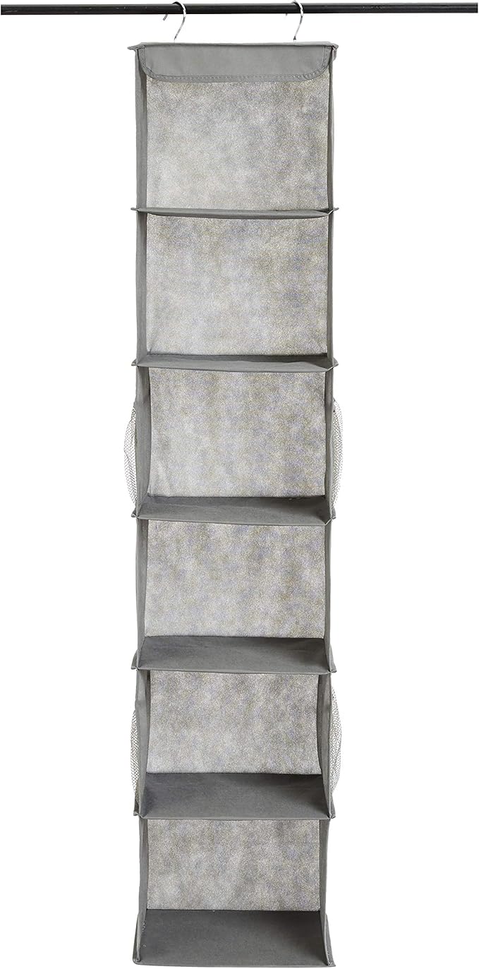 Amazon Basics 6-Tier Hanging Closet Shelf Organizer With Pockets, 8.5" D x 12" W x 9" H, Grey-Ruum Studio Home