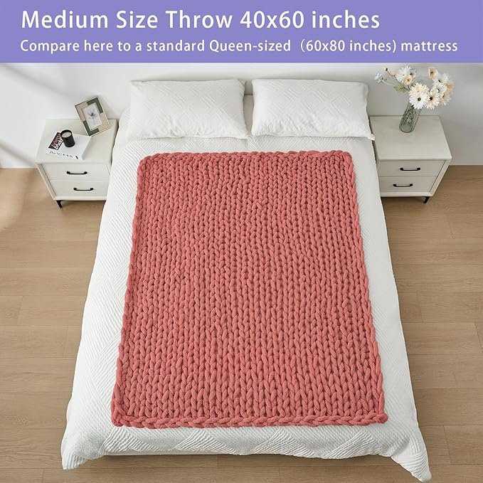 Bigacogo Chunky Knit Throw Blanket for Couch, 40x60 inches, 100% Hand Knitted with Thick Jumbo Chenille Yarn, Cozy Soft Large Rope Knot Cable Crochet Blankets for Sofa Bed Living Room, Antique Red-Ruum Studio Home