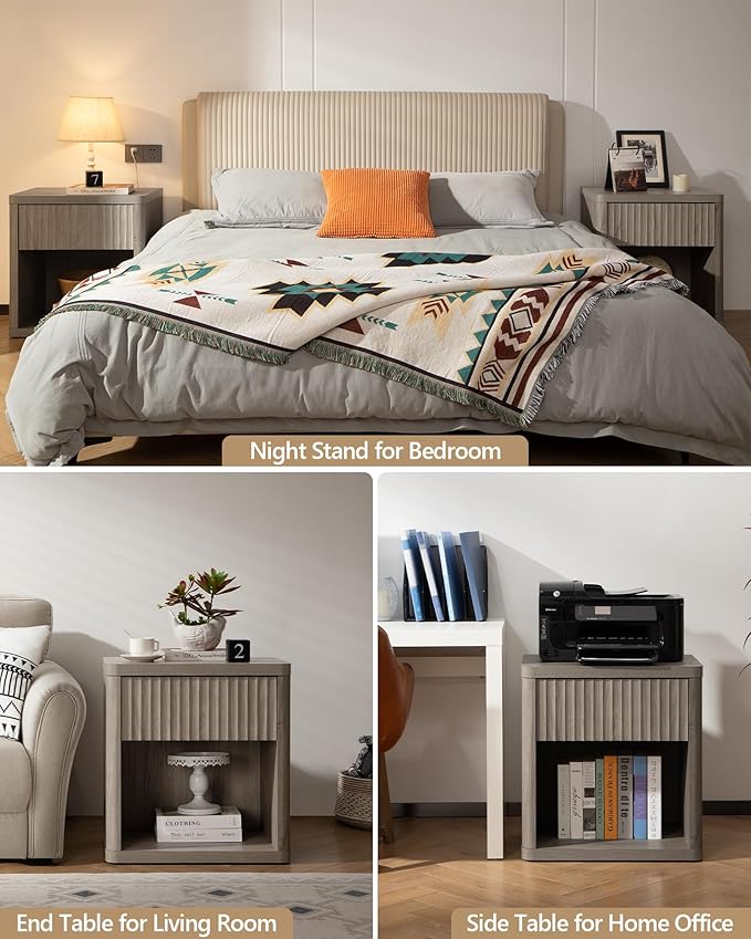 SICOTAS Night Stand Nightstand with Drawer Storage Fluted Bed Side Table End Table Large Modern Wide Bedside Stand Mid Century Night Stands for Bedroom Living Room Sofa Couch Home Office, Grey Alder-Ruum Studio Home