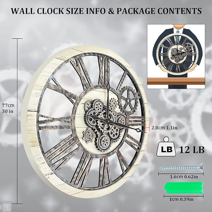 HOIBAI Large Wall Clock, Wall Clocks for Living Room Decor 30 Inch Farmhouse Vintage Rustic Kitchen Wall Decor Vintage Roman Oversized Wall Clock for Home Bedroom House, Moving Gears Clock-Ruum Studio Home