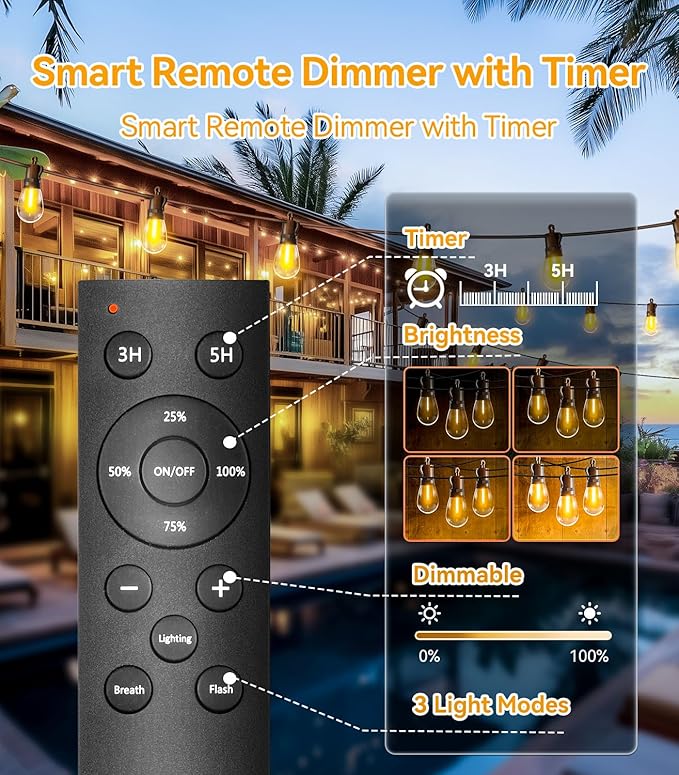 Outdoor-String-Lights-Patio-LED-Light-Outside 50Ft 15M Waterproof Remote Dimmable S14 LED Porch Lighting with 15 Edison Plastic Bulb Hanging Lights Connectable for Backyard Yard Gazebo Party Garden-Ruum Studio Home