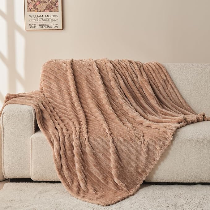 NEWCOSPLAY Super Soft Twin Blanket Taupe Premium Silky Flannel Fleece 3D Ribbed Jacquard Lightweight Bed Blanket All Season Use (Taupe Ribbed, Twin(60"x80"))-Ruum Studio Home