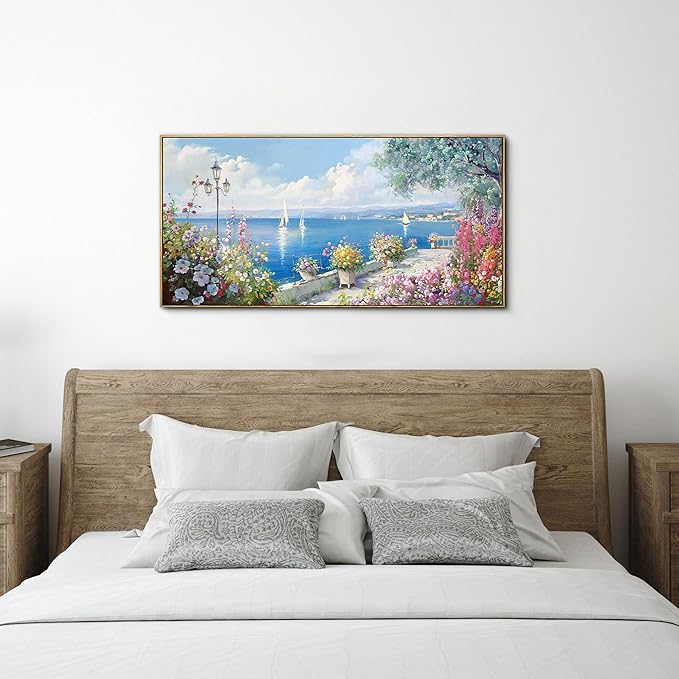 XLSJERST Blue Coastal Wall Art - Ocean Seascape Canvas Yellow Green Flowers Painting Landscape Sailboat Picture Artwork Modern Large Framed for Living Room Bedroom Home Office Decor 20"x40"-Ruum Studio Home