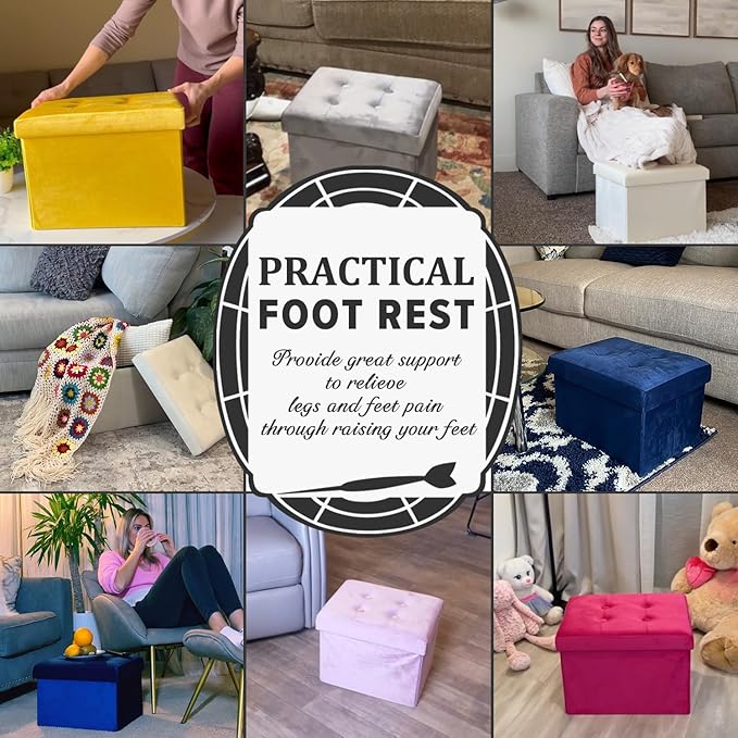 LINMAGCO Storage Ottoman Folding Foot Stool Velvet Foot Rest with Padded Modern Ottoman with Storage for Living Room Puppy Step Stool 17x13x13in(Blue)-Ruum Studio Home