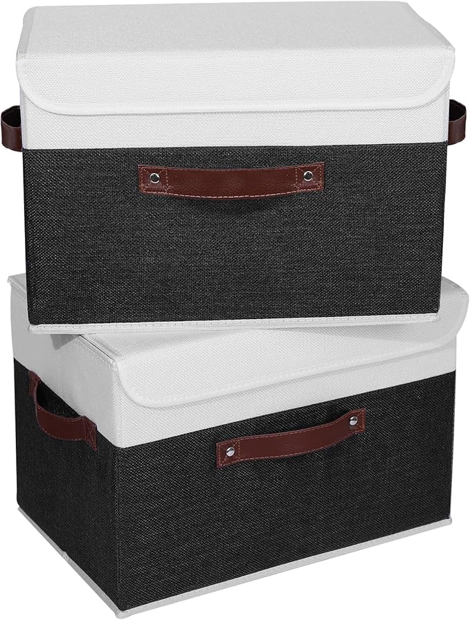 ANMINY 2PCS Storage Boxes with Lid Washable Decorative Storage Bins Basket with PU Leather Handle Foldable Linen Fabric Storage Cubes Containers for Home Closet Organizer - Black White, Large Size-Ruum Studio Home