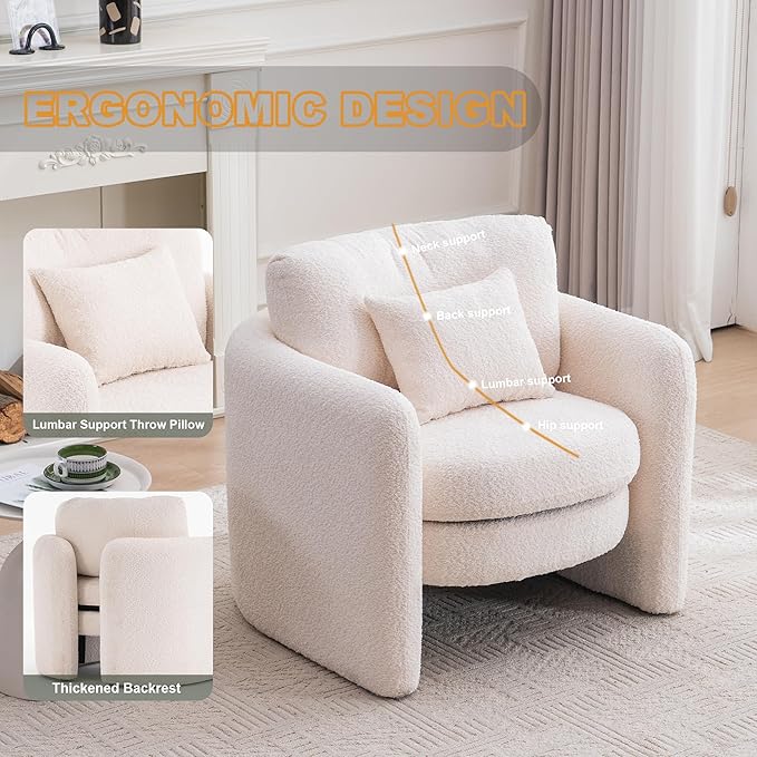 Chenille Accent Armchair Oversize Upholstered Barrel Comfy Modern Round Lounge Sofa Chair with Pillow Cozy Reading Chairs for Apartment,Office,Living Room,Dining,Makeup,Club,Beige-Ruum Studio Home