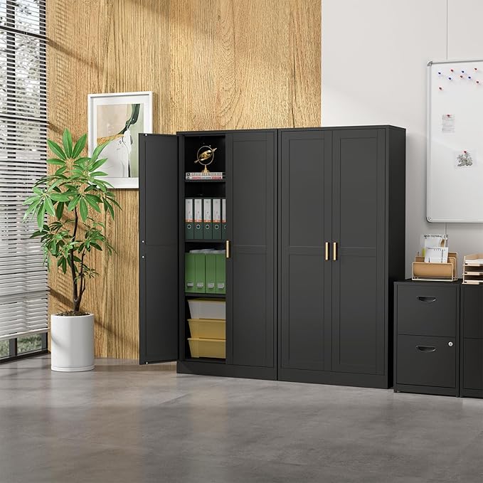 Kitchen Cabinet Storage,60”Metal Pantry Cabinet with Doors and 3 Adjustable Shelves,Food Pantry Cabinets with 2 Gold Handles,Black Tall Storage Cabinet for Livingroom,Pantry,Bathroom,Kitchen-Ruum Studio Home
