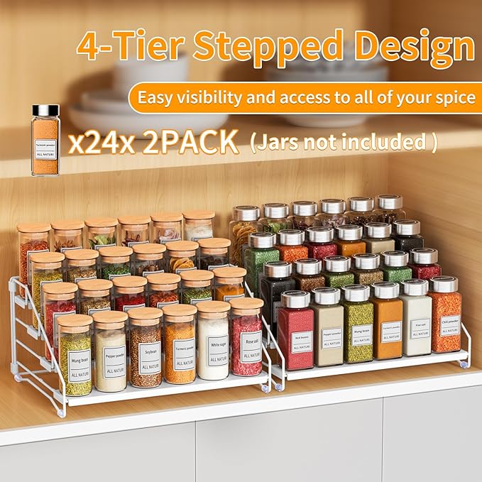 RCHYFEED Spice Rack Organizer for Cabinet,4 Tier Spice Organization for Cabinet Easy Visibility,Tierd Spice Rack Seasoning Organizer for Kitchen Countertop Pantry,Metal(White, 2Pack)-Ruum Studio Home