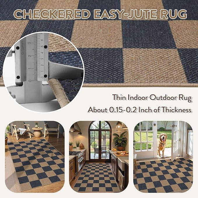 Lahome Checkered Easy Jute Indoor Outdoor Carpet, 3x5 Washable Rugs for Entryway Living Room Farmhouse Area Rug, Non Slip Blue Checkerboard Indoor Door Mat for Entry Patio Deck-Ruum Studio Home