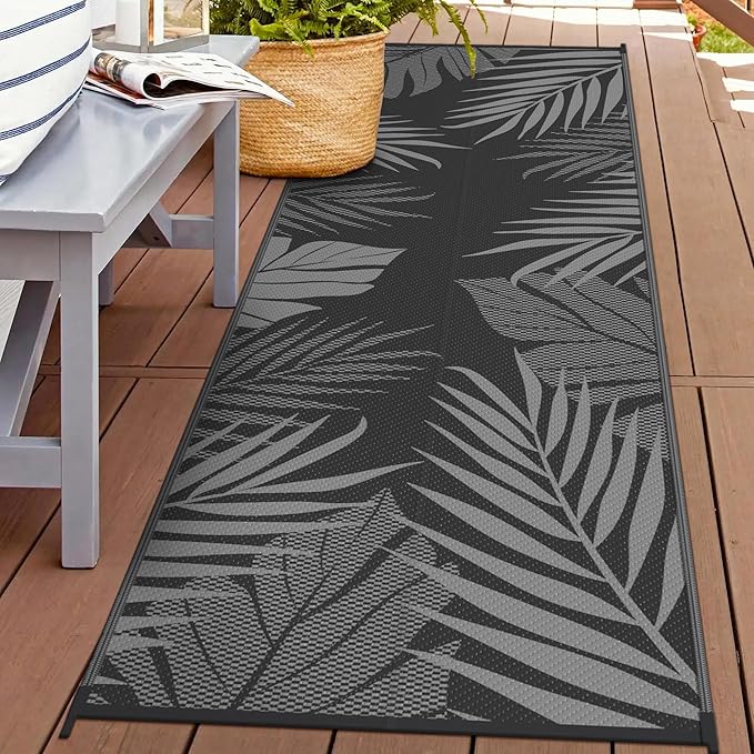 GENIMO Outdoor Rug 2.5' x 8' Waterproof for Patios Clearance, Reversible Outdoor Plastic Straw Camping Rug Carpet, Large Area Rugs Mats for RV, Camper, Deck, Balcony, Porch, Beach, Picnic, Black&Grey-Ruum Studio Home