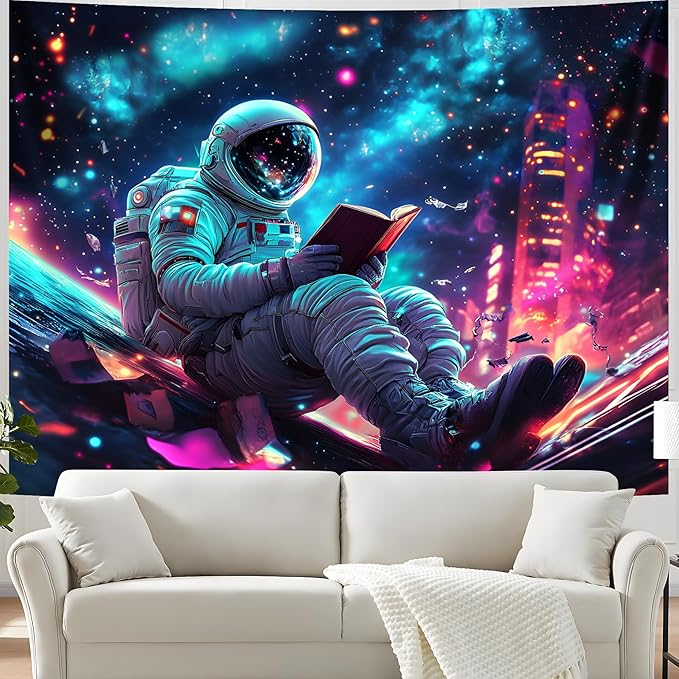 BVBOX Astronaut Space Blacklight Tapestry 79"x59", UV Reactive Astronaut Reading Universe Galaxy Planet Glow in Dark Tapestries, Black Light Neon Upright Poster Wall Hanging Backdrop Decor for Bedroom Living Room-Ruum Studio Home