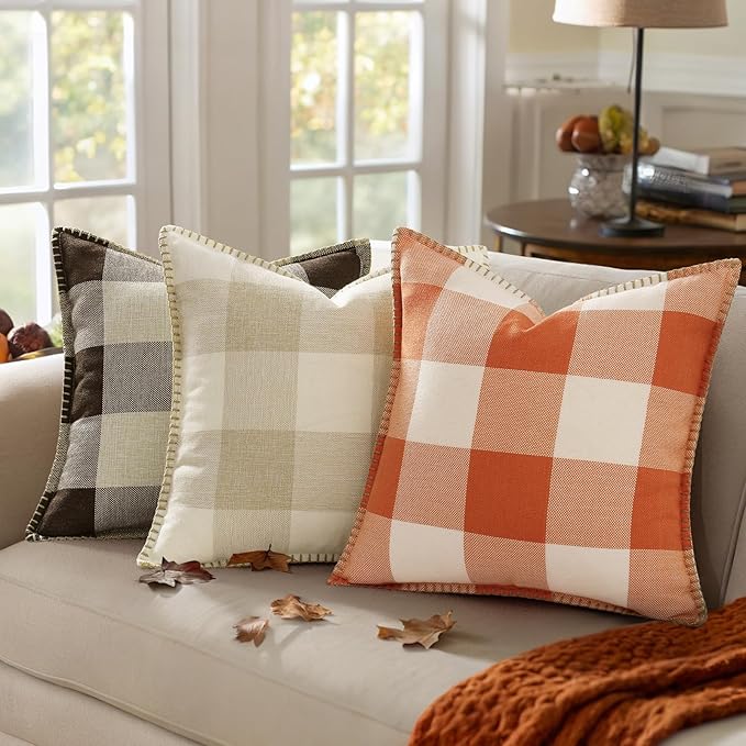 decorUhome Buffalo Plaid Check Fall Throw Pillow Covers 12x20 Set of 2, Outdoor Lumbar Decorative Farmhouse Pillow Covers with Stitched Edge for Bed Couch Sofa, Cream White and Beige-Ruum Studio Home