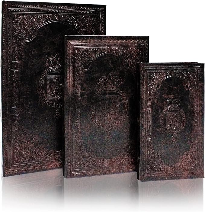 Decorative Book Box Set of 3,Vintage Style Book Shaped Storage Box,Leather Decorative Wooden Trinket Jewelry Books Boxes with Antique Embossed Pattern,Mother's Day/Graduation /Birthday Gift Idea-Ruum Studio Home