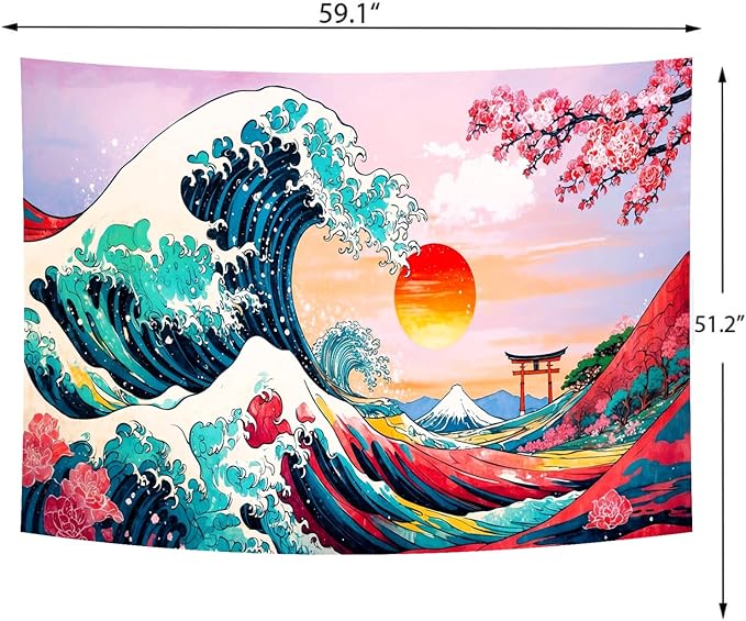 Delur Great Wave Tapestry Japanese Sunset Ocean Sea Wave Off Kanagawa Tapestry Wall Hanging Vintage Asian Anime Cherry Blossom Nature Headboard for Bedroom Living Room Home Decor (51.2" x 59.1")-Ruum Studio Home