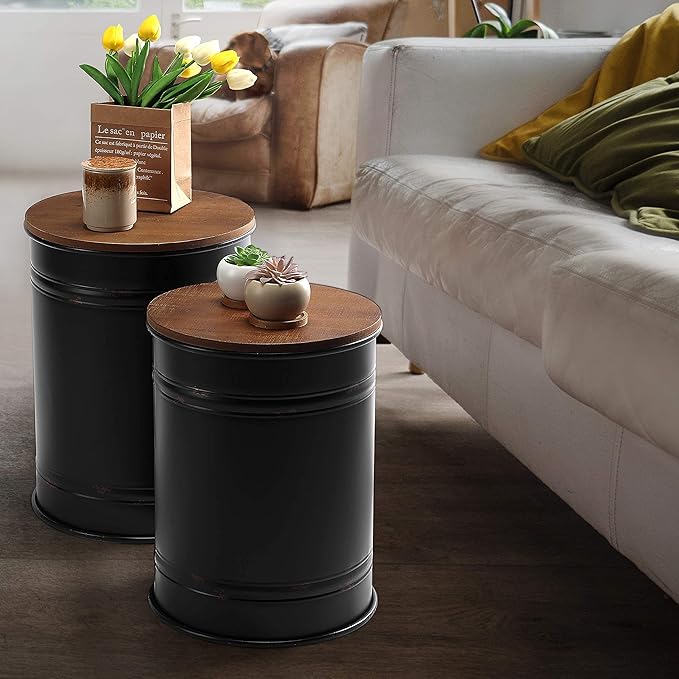 Rustic Storage Ottoman Seat Stool, Farmhouse Accent Side Table, Antique Galvanized Metal End Table Box Bin with Round Wooden Lid Set of 2 (Black)-Ruum Studio Home