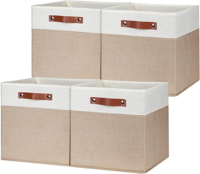 HNZIGE Fabric Baskets for Organizing 13x13 Storage Cubes, Set of 4 Fabric Foldable Canvas Storage Bins for Shelves, Cloth Storage Bins for Cube Organizers Toy Nursery Closet Bedroom?Beige&White?-Ruum Studio Home