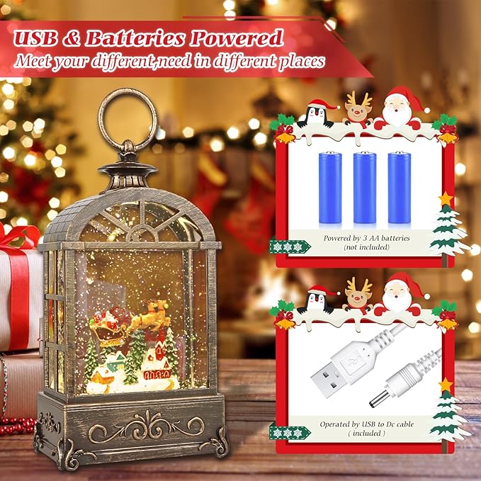 Christmas Snow Globes Lantern,Musical Snow Globes,Christmas Decorations Indoor for Home,Battery Or USB Powered,with 6 Hour Timer,Christmas Lantern for Festival Decoration,Reindeer Vehicle-Ruum Studio Home