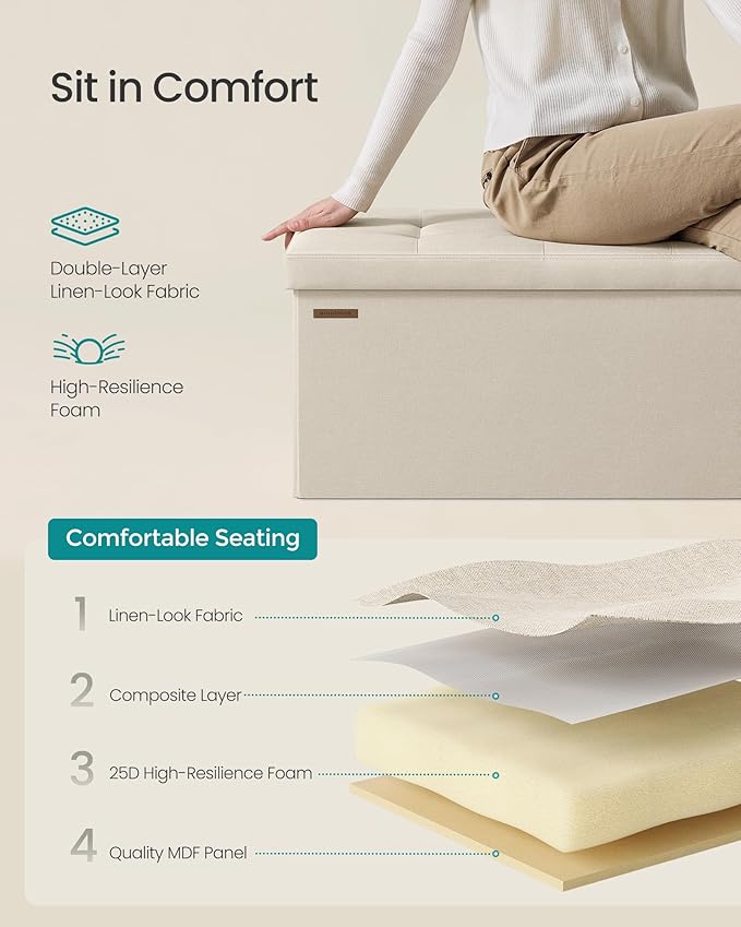 SONGMICS MAZIE Collection - 30 Inches Folding Storage Ottoman Bench, Ottoman Foot Rest, End of Bed Bench, Storage Chest, Load 660 lb, for Living Room, Bedroom, Entryway, Cream White ULSF47BE-Ruum Studio Home