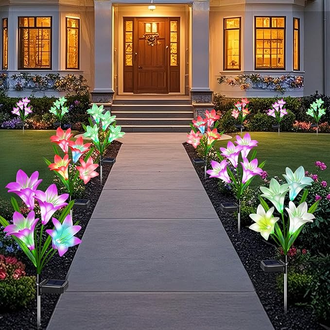 Solar Lights Outdoor Waterproof, 4 Pack Garden Decor Lights, 16 Multi-Color Changing Lily Solar Flowers for Yard Patio Pathway Decor, Gifts for Women Mom (4 Pack)-Ruum Studio Home