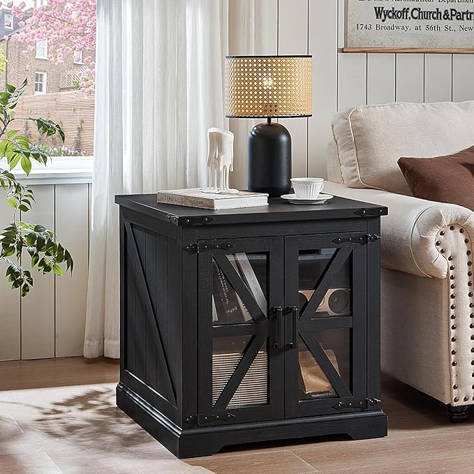 24" End Table Set of 2 with Charging Station, Farmhouse Night Stand with Glass Barn Door, Nightstands with Adjustable Storage Shelf, Large Wood Square Bed Side Table for Living Room,Bedroom-Ruum Studio Home